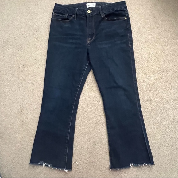 FRAME Denim Le Crop Mini Boot High Waist Raw Hem Jeans Saltair Wash (Dark Blue) - Picture 3 of 10